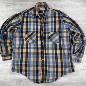 JCPenny Big Mack Flannel Shirt  Mens Large Black Gold Blue True Vintage 1970's